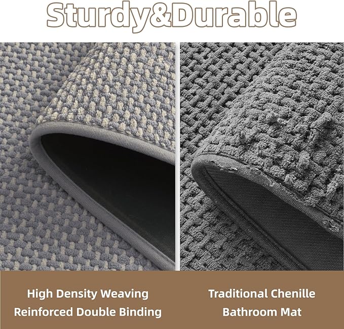 PADOOR-Bath Mat-Super Absorbent Chenille Bathroom Mats-Rubber Backed Bath Mats for Bathroom Non Slip, Easy Clean Bathroom Rugs Front of Bathtub,Shower Room,Sink-17×35, Grey&Beige