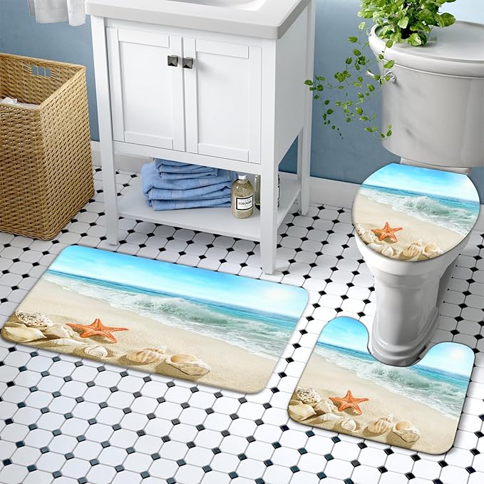 Lnond 4Pcs Summer Beach Bathroom Shower Curtain Sets with Rugs, Sand Starfish Seashell Bathroom Sets with Shower Curtain and Rugs and Accessories