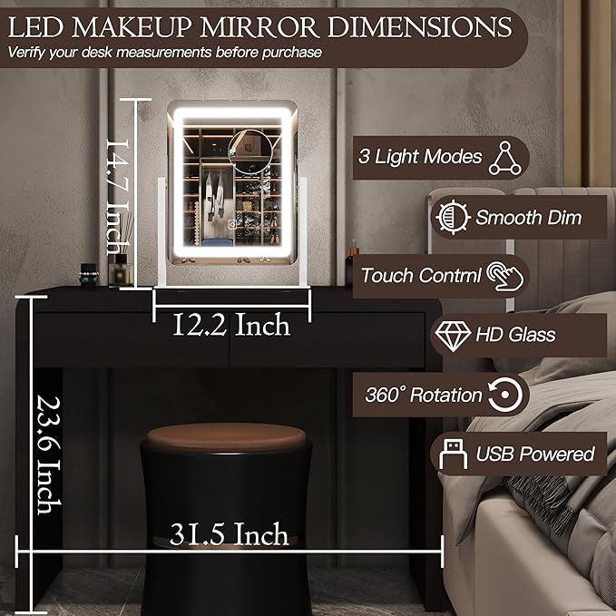 15" x13" Vanity Mirror with Lights, LED Makeup Mirror with Lights,10X Magnification Vanity Mirror with 360°Rotation, 3 Color Modes ＆ Dimmable Lighted Mirror Makeup for Desk, Travel, White