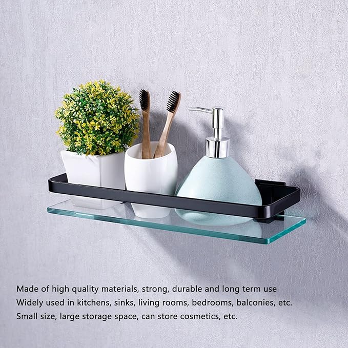 Bathroom Rack Thickened Tempered Glass Shelf, Single Layer Bathroom Storage Rack with Strong Load Bearing Capacity, Large Space Black Shelf for Toilet Sink Wall Mount