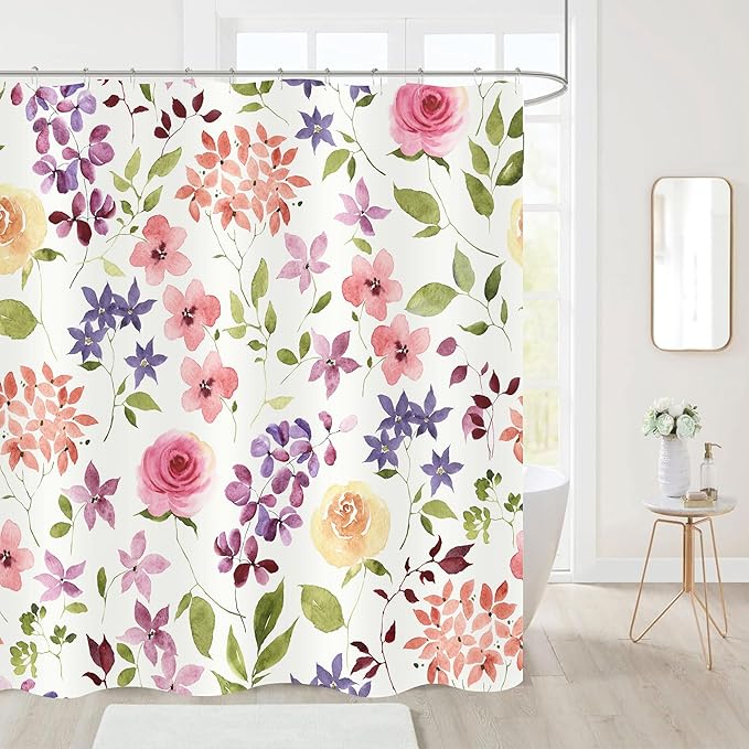 Watercolor Floral and Green Leaves Shower Curtains, Waterproof Fabric Colorful Rustic Ivory Botanical Bathroom Shower Curtain, 72 x 72 Inch