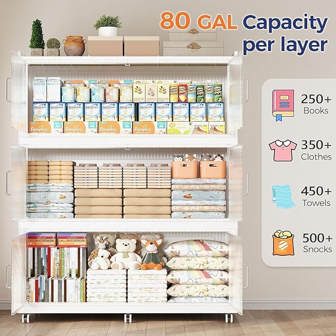 240Gal Extra Large Stackable Storage Bins with Lid, 960Qt Collapsible Storage Box with Wheels, Closet Organizers and Storage Cabinet Container for Home, Kitchen, Office, 3Pack White Clear