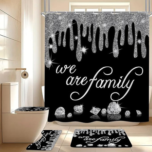4Pcs Family Glitter Diamond Shower Curtain Sets, Black Famliy Shower Curtain with Toilet Lid Cover and Rugs, Luxury Bling Shiny Shower Curtains for Home Bathroom Set Decor with 12 Hooks, 72 x 72 inch