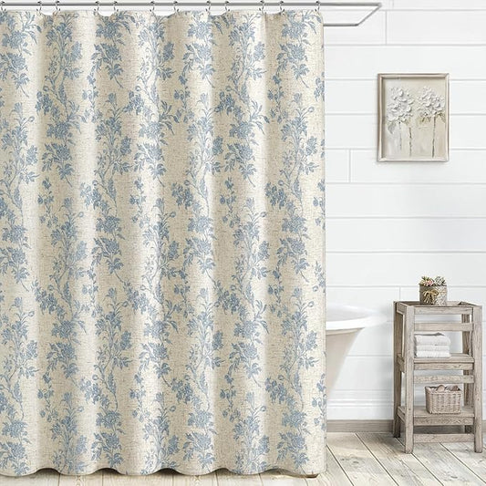 Blue Floral Shower Curtain,Vintage Linen Beige Cottagecore Shower Curtains for Bathroom, 72" W x 72" L