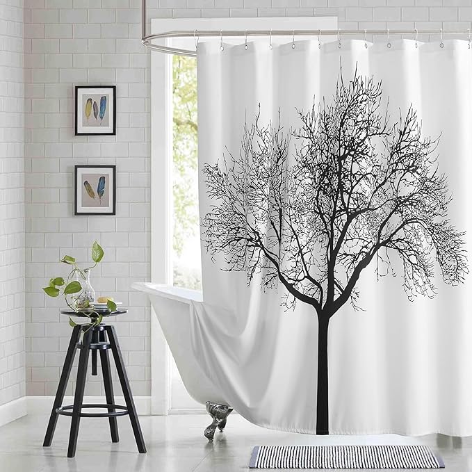 Fabric Shower Curtain, Black Tree Plant Shower Curtains for Bathroom, Modern Decorative Bathroom Curtains, 72" W x 72" H