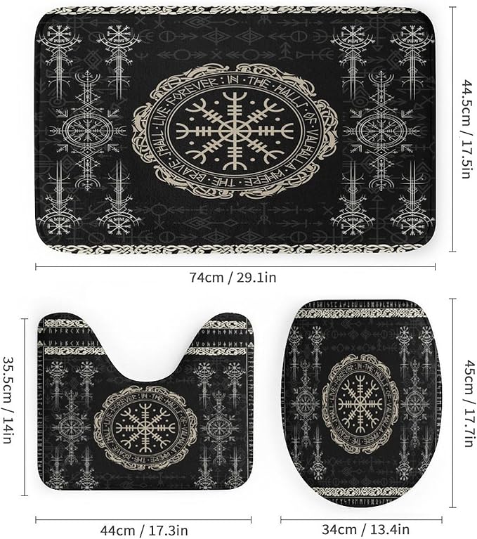 Brebasf Norse Vikings Print 4 Pcs Shower Curtain Bathroom Set Black Viking Magical Retro Compass Norse Mystical Symbol Shower Mat Shower Curtain with Rug 12 Hooks,72" W x 72" L