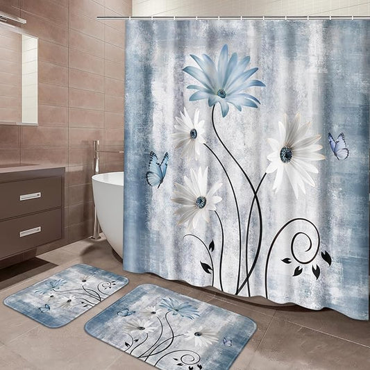 ArtSocket Daisy Flowers Butterfly Bathroom Set with Shower Curtain and Bath Rugs and Accessories,Abstract Blue Grey Non-Slip Shower Curtain Set,Bathroom Decor 3 Pcs