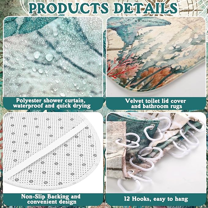 Tatuo 8 Pcs Sea Turtle Shower Curtain Set Summer Ocean Theme Bathroom Accessories Sets Decor Sea Animal Nautical Coastal Waterproof Shower Curtain with Towels Carpet Bath Mat Toilet Rugs and 12 Hooks