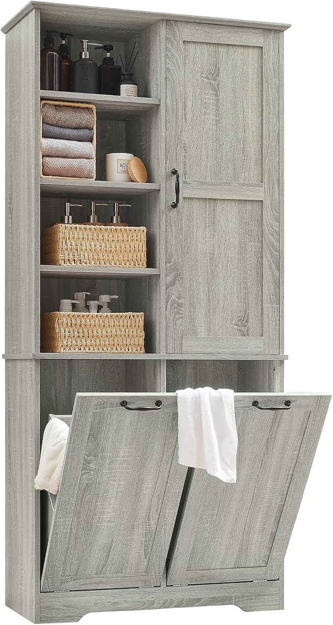 Virubi Tall Laundry Hamper Cabinet with 2 Tilt Out Hamper, Modern Wood Bathroom Laundry Storage Cabinet with Adjustable Shelves, Freestanding,Oak
