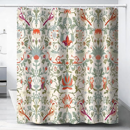 Bohemia William Morris Art Fabric Shower Curtain,Abstract Retro Mid Century Boho Floral Bird Hotel Quality,Machine Washable,72L x72W for Bathroom.