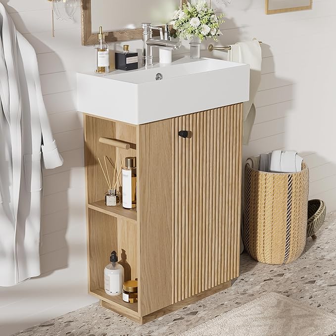 Virubi 21.6" Small Fluted Bathroom Vanity with Sink,Soft Closing Doors and Storage Shelves,Natural Wood Single Bathroom Sink Cabinet Combo Freestanding, Natural Wood