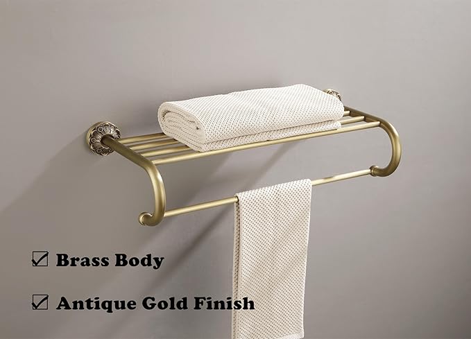 Antique Brass Towel Rack Wall Mount, 24 inch Bath Towel Bar with Shelf, Vintage Gold Decorative Bathroom Accessories, Brass Petal-Relief Series