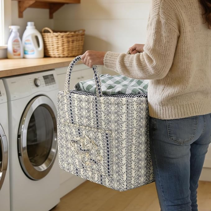 Quilted Fabric Basket Car Storage Basket Boho Floral Laundry Hamper for Nursery Bedroom & Living Room | Organize Clothes Toys