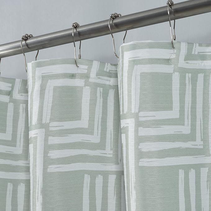 Serafina Home Hotel Quality Fabric Bathroom Shower Curtain: Geometric Square Design - Sage Green and White Milo Sage (72 x 70 inches)