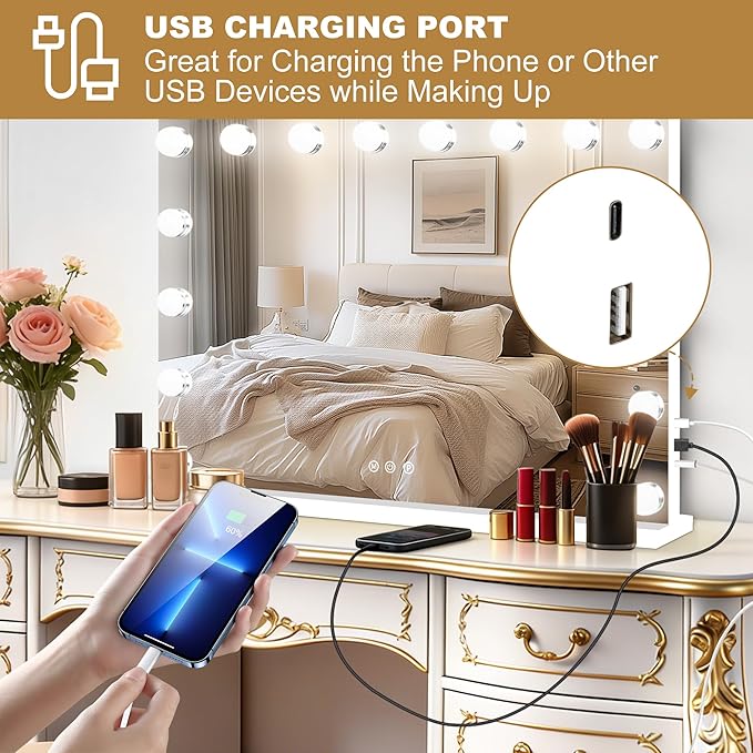 Moonee Vanity Mirror with Lights, Hollywood Lighted Makeup Mirror with 17 Dimmable Bulbs and 10X Magnification, 3 Colors Modes, Aluminum Metal Frame, Light Up Mirror for Tabletop/Wall（26" x 20"）