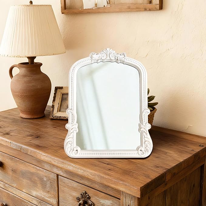 Small White Vanity Desk Mirror Vintage Mirror Arched Farmhouse Chic Table Baroque Wall Mirror for Living Room Tabletop Bedroom Dresser Countertop 9.6x12.3