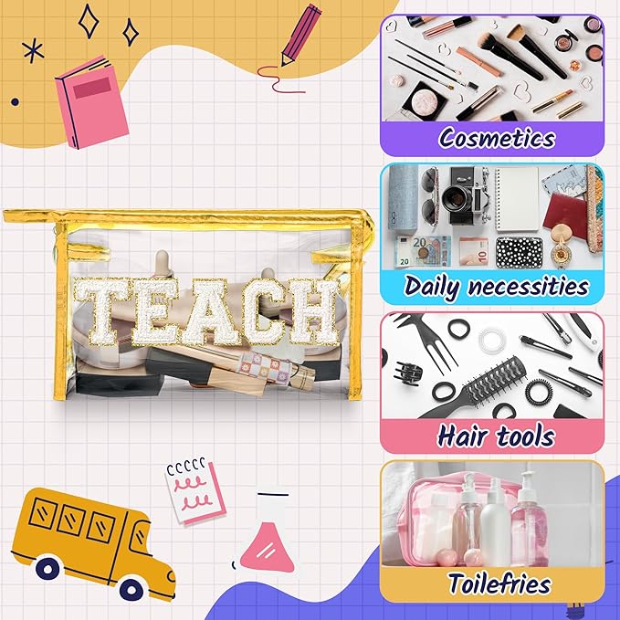 CY2SIDE TEACH Clear Makeup Bag - White TEACH Letter Patch Cosmetic Bag with Handle for Travel PVC Zipper Clear Toiletries Waterproof Portable Travel Organizer Teacher Appreciation Gifts, Gold