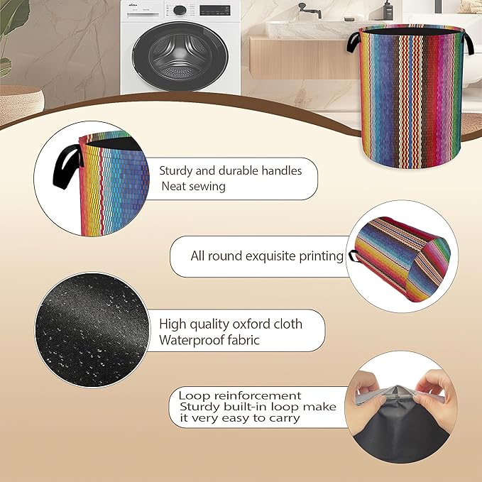 Mexican Stripes Laundry Hamper,Ethnic Collapsible Laundry Baskets,Waterproof Oxford Cloth Laundry Room Organization for Bedroom,Bathroom,Nursery,16x20 Inch