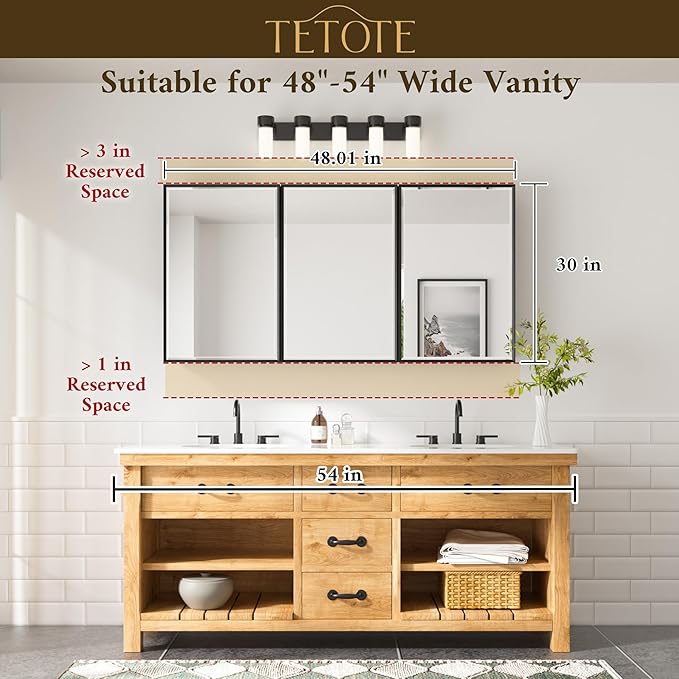 TETOTE 48" x 30" Brushed Nickel Medicine Cabinet Mirror with Storage Shelves Aluminum Alloy Frame with Beveled Edges Recessed or Wall-Mounted Rectangle Medicine Cabinet with Mirror
