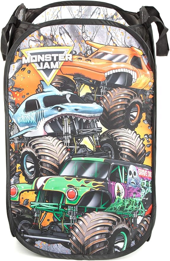 Jay Franco Monster Jam Break Out Pop Up Hamper - Mesh Laundry Basket/Bag with Durable Handles - Features Grave Digger & Megalodon