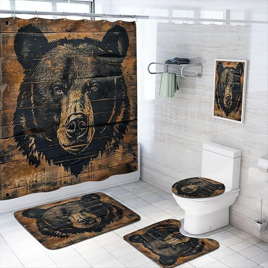 4 Pcs Rustic Lodge Bear Shower Curtain Set with Rug, Toilet Lid Cover and Bath Mat, Bear Farmhouse Cabin Wooden Art Bathroom Shower Curtain with 12 Hooks Accessories Decorative