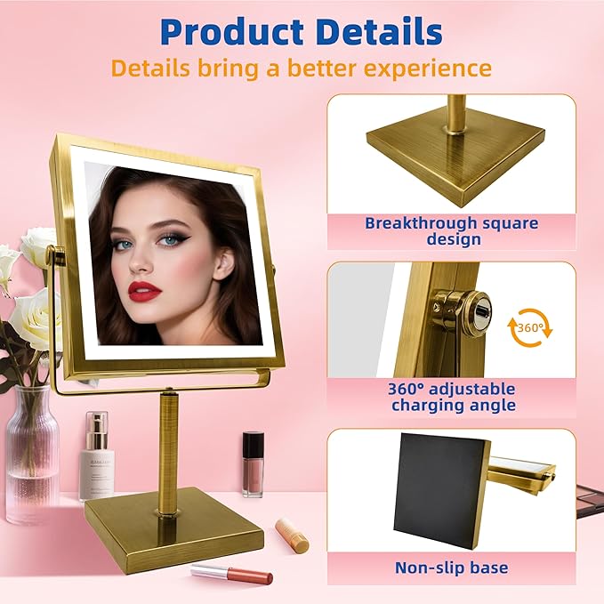 Ruacq Makeup Mirror with Lights, 4000mAh Rechargeable Magnifying Mirror with Light, 1X/10X, Height Adjustable Bathroom Vanity Mirror, 3 Colors, Adjustable Brightness (Antique Brass)