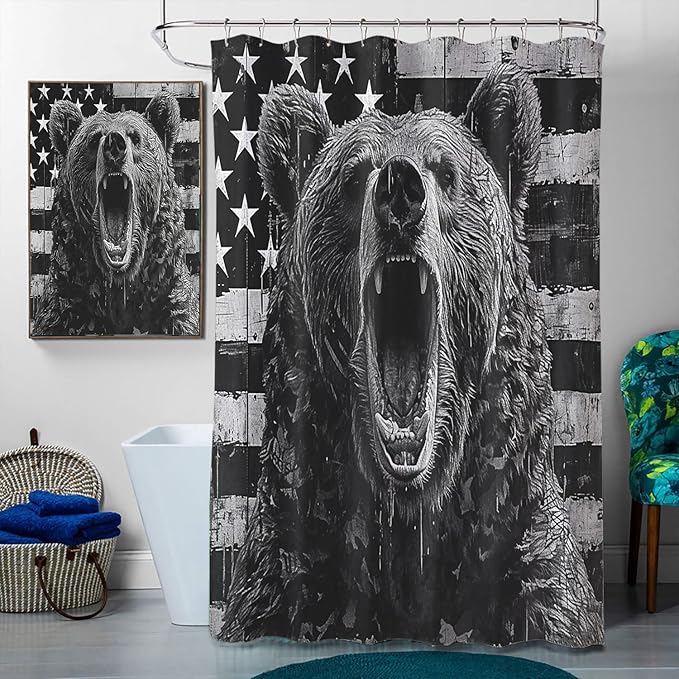 4 Pcs Country Bear Shower Curtain Set with Non-Slip Rugs, Toilet Lid Cover and Bath Mat, Rustic Hunting Camo American Flag Black and White Bathroom Shower Curtain with 12 Hooks Accessories Decorative