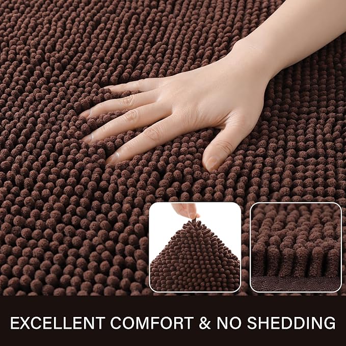 LOCHAS Luxury Bathroom Rug Shaggy Bath Mat 24 x 48 Inch, Washable Non Slip Bath Rugs for Bathroom Shower, Soft Plush Chenille Absorbent Carpets Mats, Brown