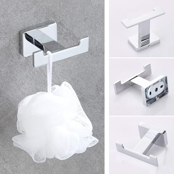 GERUIKE 4 Piece Bathroom Hardware Accessories Set,Chrome Stainless Steel Towel Bar Sets Wall Mounted - Includes 18" Towel Bar, Square Towel Ring, Toilet Paper Holder, Robe Towel Hook