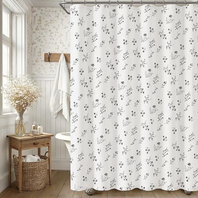 Black Floral Farmhouse Vintage Cotton Shower Curtain, French Country Shower Curtains for Bathroom, 72Wx72H