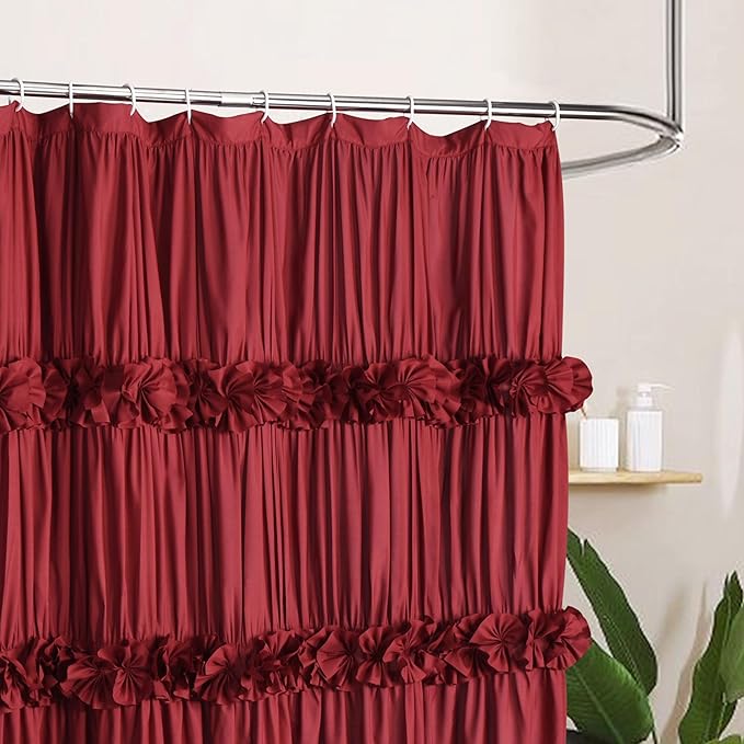 Burgundy Ruffle Shower Curtain, Vintage Handcrafted Bow Tie Bath Curtain for Master Bathroom, Ruched Microfiber Bathroom Curtain with 12 Buttonholes, 72" W x 72" H (LQ-10)