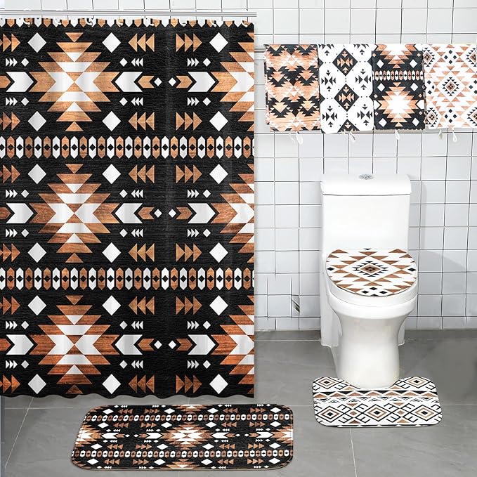FuWeave 8 Pcs Western Aztec Shower Curtain Set Geometric Vintage Bathroom Decor Boho Abstract Pattern Waterproof Shower Curtain Aztec Towels Non Slip Rug Toilet Lid Cover Bath Mat with 12 Hooks