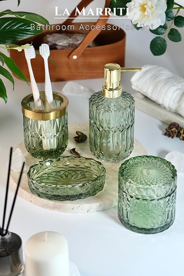 LaMarriti 4pcs Glass Bathroom Accessories Set, Clear Green Bathroom Soap Dispenser Set, Toothbrush Holder, Soap Dish, Soap Dispenser, Qtips Holder Set for Crystal Vintage Bath Decor (Green)
