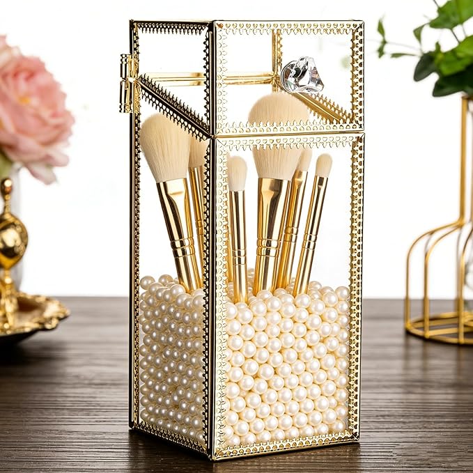 Pumtus Makeup Brush Holder Organizer with Lid, Glass Cosmetic Make Up Brushes Container, Clear Makeup Tool Storage Box Cup with Pearls, Vintage Dustproof Vanity Decor for Countertop Desktop