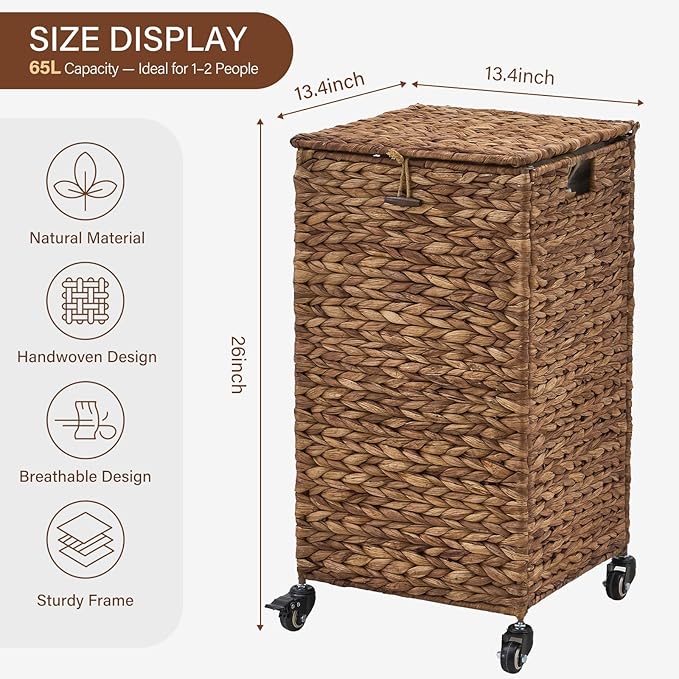 Hand-Woven Laundry Basket with Wheels, Natural Water Hyacinth Laundry Hamper with Lid, Removable & Machine-Washable Liner,Clothes Hamper for Bathroom and Laundry Room(65L,Espresso)