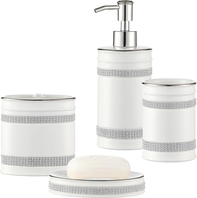 Bathroom Accessories Set, 4-Piece Ceramic Bath Accessory Complete Set with Lotion Dispenser/Soap Pump, Tumbler, Soap Dish and Toothbrush Holder (Rhinestones, White)