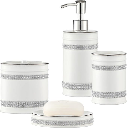 Bathroom Accessories Set, 4-Piece Ceramic Bath Accessory Complete Set with Lotion Dispenser/Soap Pump, Tumbler, Soap Dish and Toothbrush Holder (Rhinestones, White)