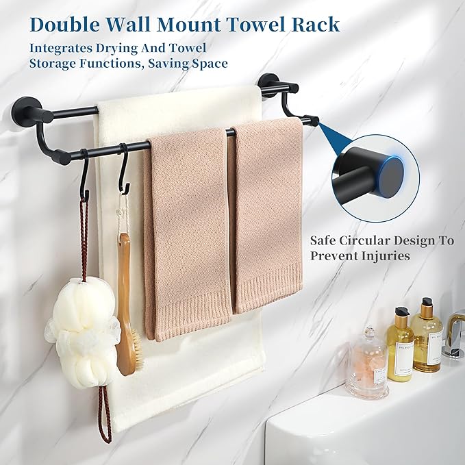 Alise Double Towel Bars,24 Inch Towel Rack for Bathroom, Wall Mount Towel Holder, Quick Drying Towel Hanger SUS304 Stainless Steel Towel Rail, Matte Black, GOY4600-B