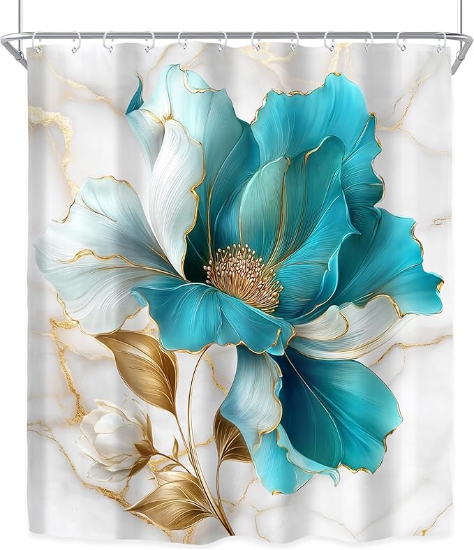 Riyidecor Teal Gold Marble Floral Shower Curtain for Bathroom Decor 60Wx72H Modern Turquoise Ombre Flower Abstract Luxury Minimalist Art Printed Fabric Polyester Waterproof 12 Pack Plastic Hooks