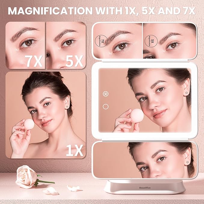 Lighted Makeup Mirror with 7X/5X/1X Magnification, Vanity Mirror with Lights, Trifold Led Makeup Mirror, 3 Lights Colors & Adjustable Brightness, 360° Rotation & Detachable Design for Travel Gift