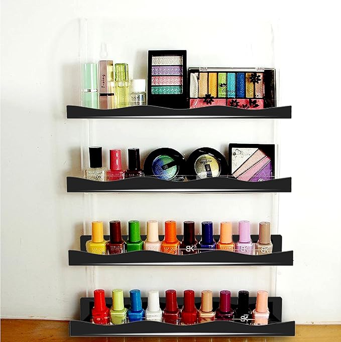 YMVV Black Acrylic Nail Polish Wall Racks,15" Increased Width Black Wall Mounted Shelves Nail Polish Organizer, Sunglasses Essential Oil Storage Shelf Display 6 Pack