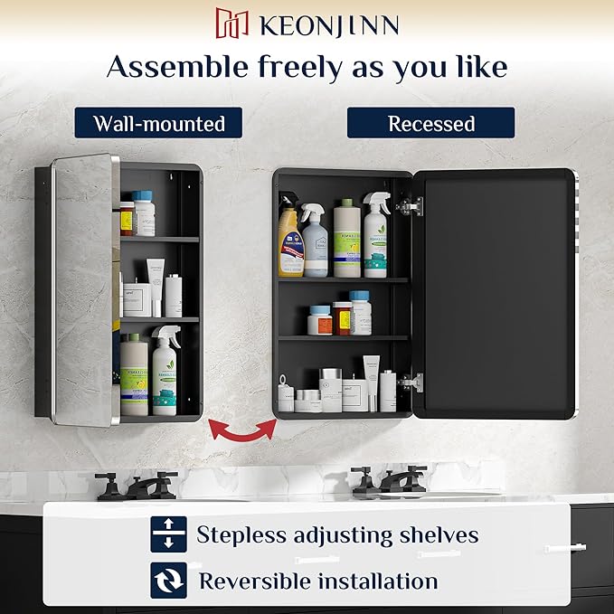 Keonjinn 20 x 26 Inch Chrome Recessed Medicine Cabinets, Mirrored Bathroom Medicine Cabinet, Elegant Stainless Steel Framed, Stepless Adjustable Shelves, In Wall or Surface Mount, Soft Closing, Modern
