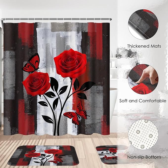 Pamnest 4 Pcs Shower Curtain Sets, Red Rose Flower Summer Grey Abstract Waterproof Bathroom Sets with Non-Slip Rugs, Toilet Lid Cover and Bath Mat, Accessories Modern Home Bathroom Decor 72" X 72"