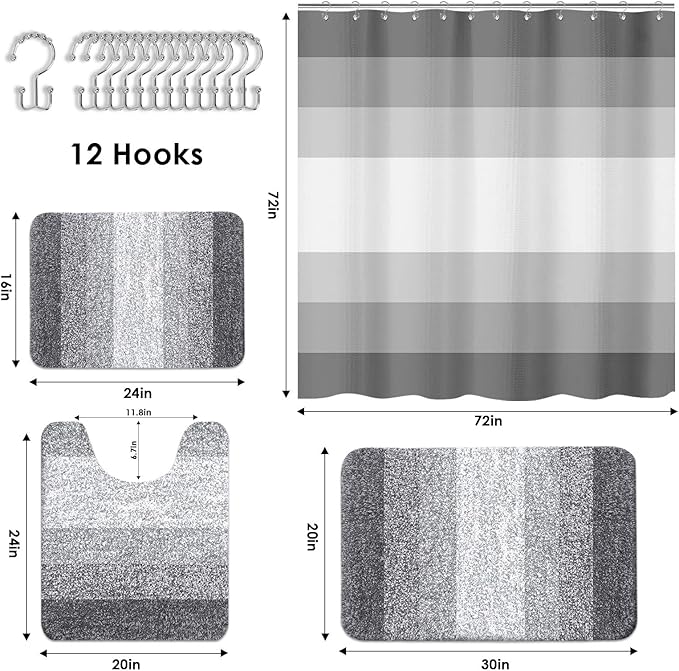 Britimes Grey Stripes Bathroom Sets with Shower Curtain and Rugs, Ombre Modern Minimalist Striped Waterproof Shower Curtain Liner and Soft Non Slip Bath Mat for Bathroom Decor and Accessories Hooks