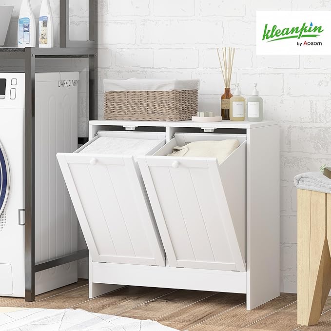 kleankin Double Tilt Out Laundry Hamper Cabinet with Storage, 19 Gallon Hidden Trash Can Cabinet with 2 Doors for Bathroom, Kitchen, White