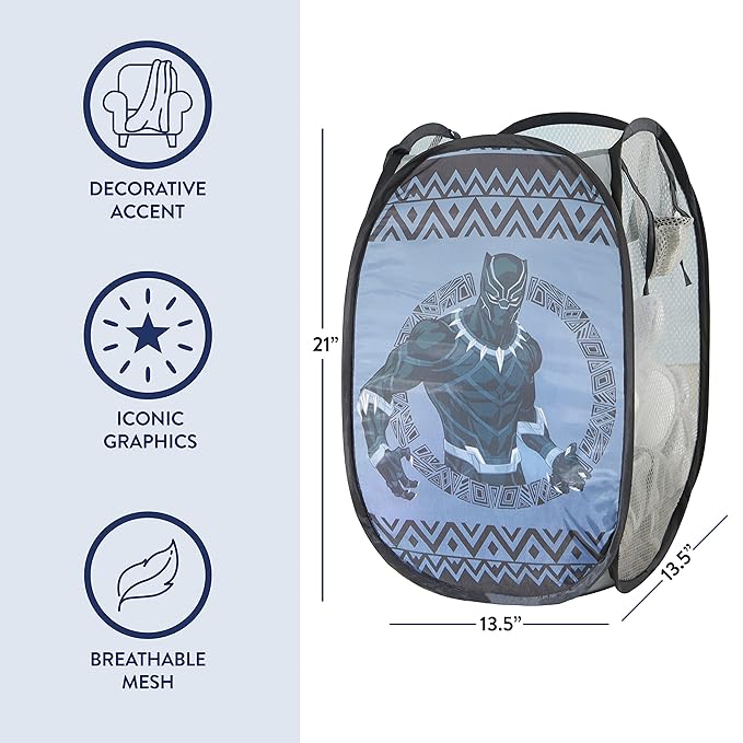Idea Nuova Marvel Black Panther Pop Up Hamper with Durable Carry Handles, 21'' H x 13.5'' W X 13.5'' L