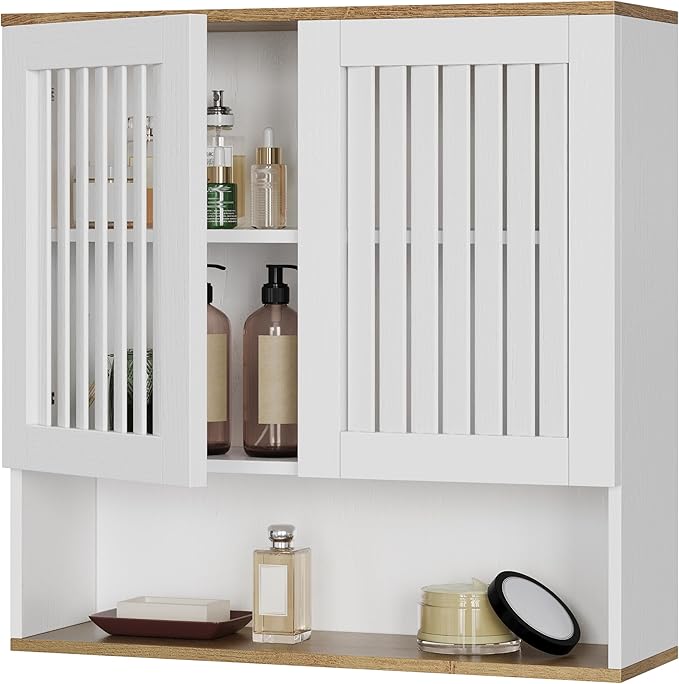 Smart FENDEE Bathroom Cabinet with Louvered Door, White Wall Mounted Cabinet with Adjustable Shelf for Bathroom, Laundry Room, Above Toilet Organizer