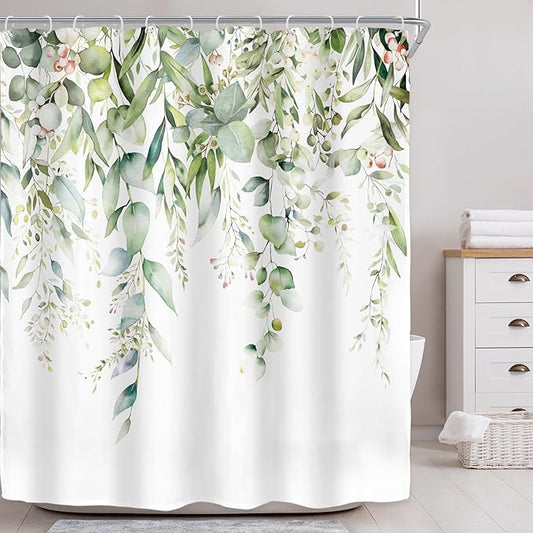 Riyidecor Sage Green Eucalyptus Leaves Shower Curtain for Bathroom Decor 60Wx72H Leaf Plants Botanical Spring Natural Floral Watercolor Art Printed Fabric Polyester Waterproof 12 Pack Plastic