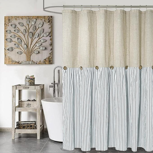 Farmhouse Shower Curtain,Beige and Blue Stripe,Button Curtain,Linen and Cotton Woven Fabric,Rustic Charm Country Chic Style,72x78 in