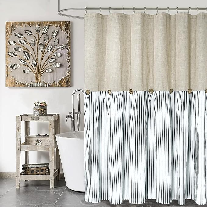 Farmhouse Shower Curtain, Beige and Blue Stripe, Button Curtain, Linen and Cotton Woven Fabric, Rustic Charm Country Chic Style, 72x72 in